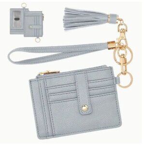 Grey RFID Blocking Leather Card Holder Wallet With Tassel & Keychain Wristlet NE